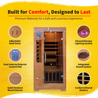Majestic 1-2 Person Hemlock Infrared Sauna with 5 Carbon Heaters