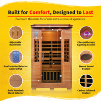 Majestic 2-Person Hemlock Premium Infrared Sauna with 6 Carbon Heaters
