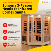 Sonoma 3-Person Hemlock Infrared Corner Sauna with 7 Carbon Heaters